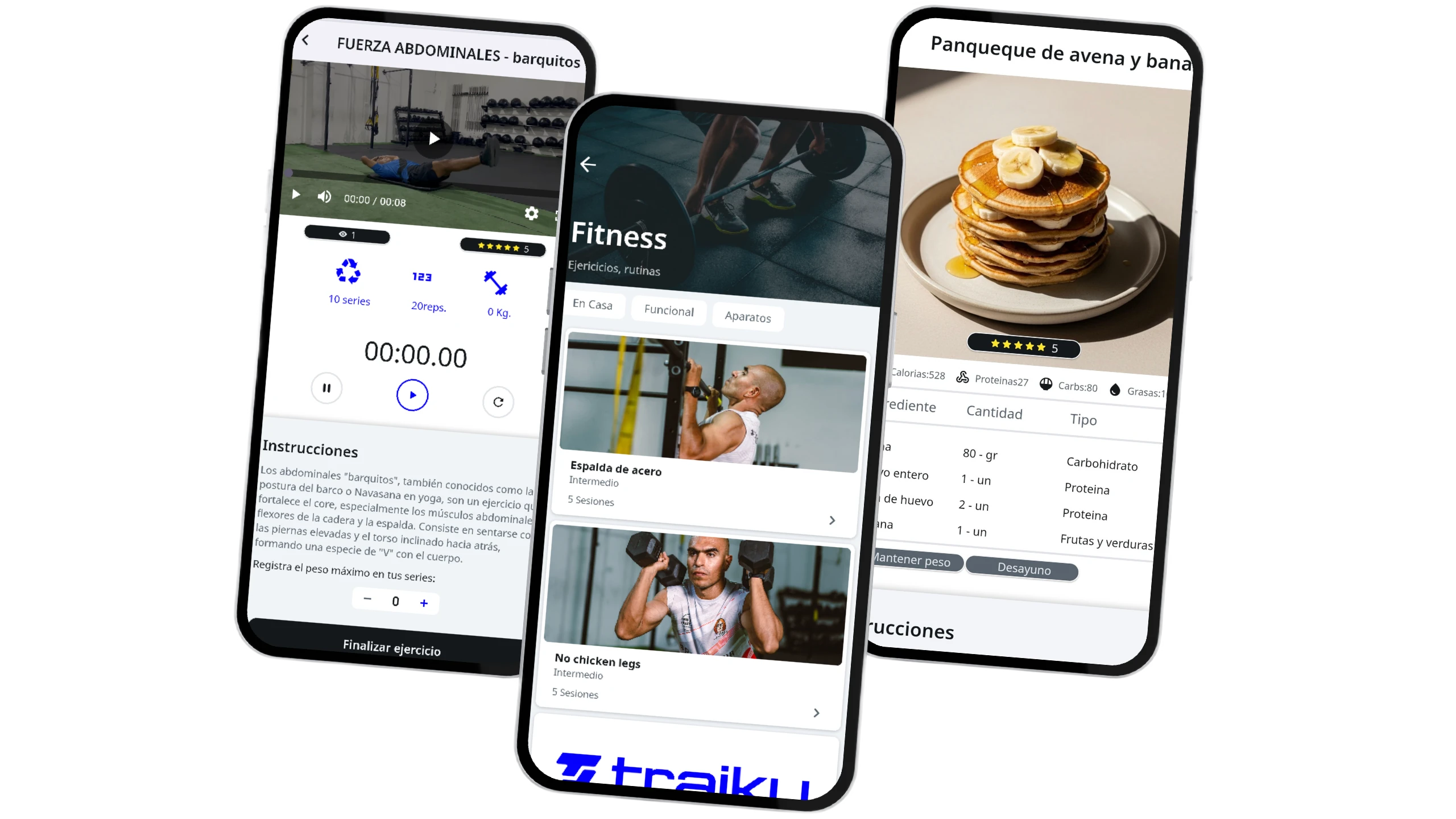 Pantallas de la app Traiky: rutina y progreso